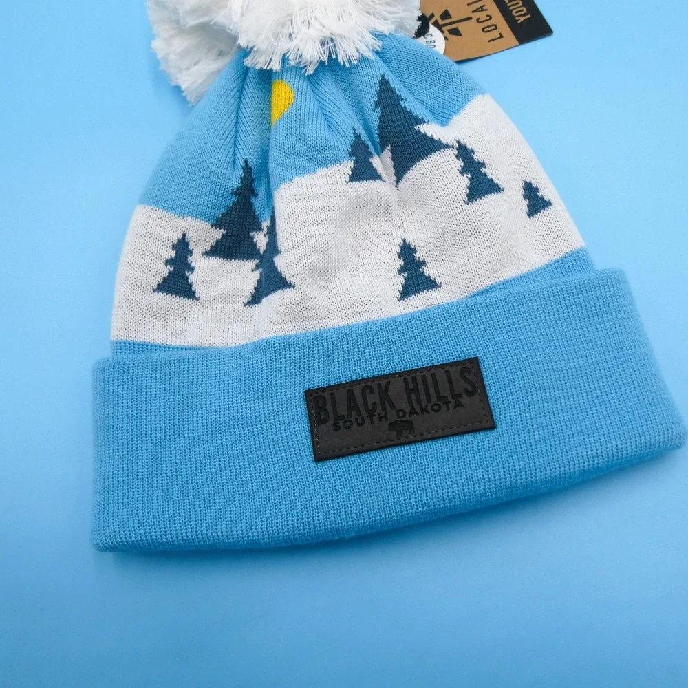 Locale Beanie Hat Youth One Size Black Hills South Dakota Blue Pom Recycled Knit